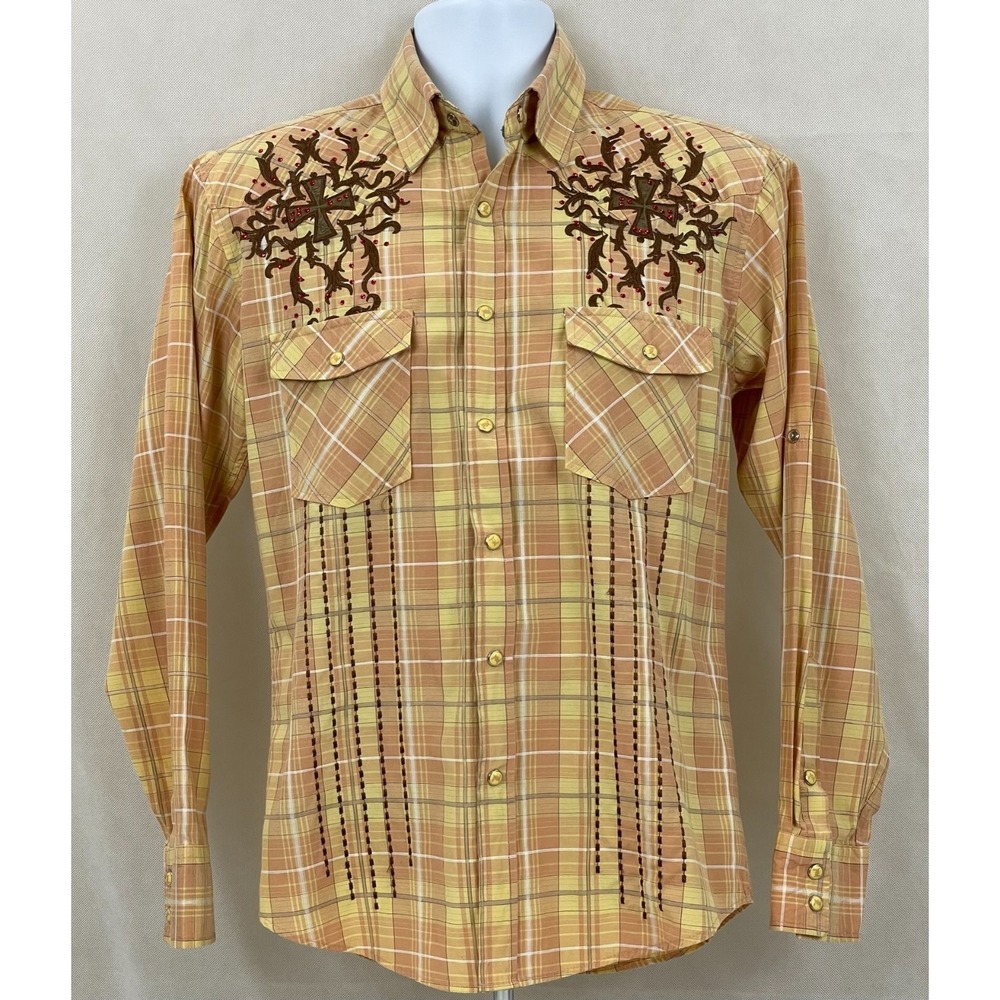 LAMASINI Shirt Mens S Yellow Plaid w Red Rhinestones Western Wear Rodeo Lng Slve